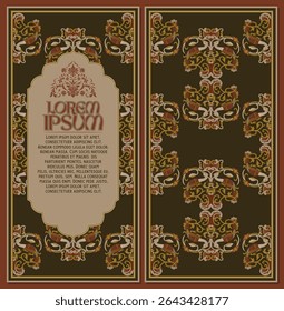 Brown vintage batik frame with decorative birds and floral ornaments, perfect for book cover, label, or Islamic invitation card with medieval and traditional Southeast Asian art style.