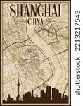 Brown vintage hand-drawn printout streets network map of the downtown SHANGHAI, CHINA with brown 3D city skyline and lettering