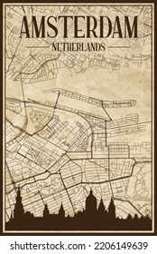 Brown vintage hand-drawn printout streets network map of the downtown AMSTERDAM, NETHERLANDS with brown city skyline and lettering