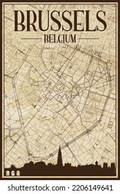 Brown vintage hand-drawn printout streets network map of the downtown BRUSSELS, BELGIUM with brown city skyline and lettering