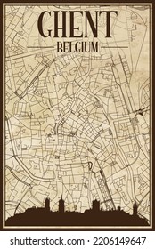 Brown vintage hand-drawn printout streets network map of the downtown GHENT, BELGIUM with brown city skyline and lettering