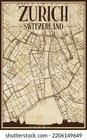 Brown vintage hand-drawn printout streets network map of the downtown ZURICH, SWITZERLAND with brown city skyline and lettering