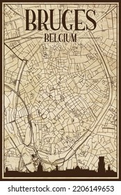 Brown vintage hand-drawn printout streets network map of the downtown BRUGES, BELGIUM with brown city skyline and lettering