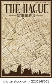 Brown vintage hand-drawn printout streets network map of the downtown THE HAGUE, NETHERLANDS with brown city skyline and lettering