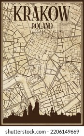 Brown vintage hand-drawn printout streets network map of the downtown KRAKOW, POLAND with brown city skyline and lettering