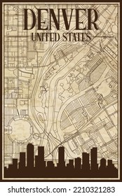 Brown vintage hand-drawn printout streets network map of the downtown DENVER, UNITED STATES OF AMERICA with brown city skyline and lettering