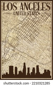 Brown vintage hand-drawn printout streets network map of the downtown LOS ANGELES, UNITED STATES OF AMERICA with brown city skyline and lettering