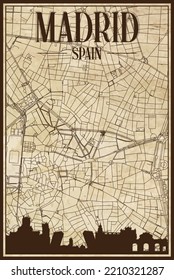 Brown vintage hand-drawn printout streets network map of the downtown MADRID, SPAIN with brown city skyline and lettering