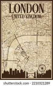 Brown vintage hand-drawn printout streets network map of the downtown LONDON, UNITED KINGDOM with brown city skyline and lettering