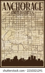 Brown vintage hand-drawn printout streets network map of the downtown ANCHORAGE, UNITED STATES OF AMERICA with brown city skyline and lettering