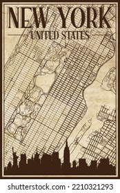 Brown vintage hand-drawn printout streets network map of the downtown NEW YORK CITY, UNITED STATES OF AMERICA with brown city skyline and lettering