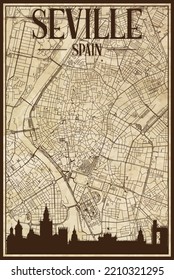 Mapa de la red de calles vintage con dibujos a mano del centro de SEVILLE, ESPAÑA con perfil de ciudad marrón y letras