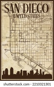 Brown vintage hand-drawn printout streets network map of the downtown SAN DIEGO, UNITED STATES OF AMERICA with brown city skyline and lettering