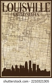 Brown vintage hand-drawn printout streets network map of the downtown LOUISVILLE, UNITED STATES OF AMERICA with brown city skyline and lettering