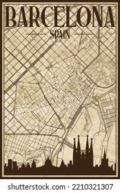 Brown vintage hand-drawn printout streets network map of the downtown BARCELONA, SPAIN with brown city skyline and lettering