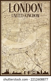 Brown vintage hand-drawn printout streets network map of the downtown LONDON, UNITED KINGDOM with brown 3D city skyline and lettering