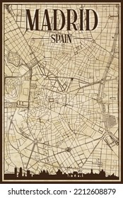 Brown vintage hand-drawn printout streets network map of the downtown MADRID, SPAIN with brown 3D city skyline and lettering