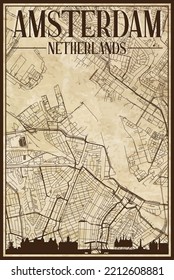 Brown vintage hand-drawn printout streets network map of the downtown AMSTERDAM, NETHERLANDS with brown 3D city skyline and lettering