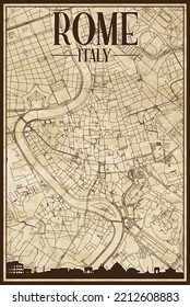 Brown vintage hand-drawn printout streets network map of the downtown ROME, ITALY with brown 3D city skyline and lettering