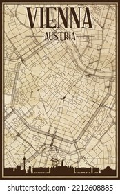 Brown vintage hand-drawn printout streets network map of the downtown VIENNA, AUSTRIA with brown 3D city skyline and lettering