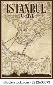 Brown vintage hand-drawn printout streets network map of the downtown ISTANBUL, TURKEY with brown 3D city skyline and lettering