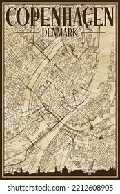 Brown vintage hand-drawn printout streets network map of the downtown COPENHAGEN, DENMARK with brown 3D city skyline and lettering