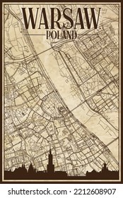 Brown vintage hand-drawn printout streets network map of the downtown WARSAW, POLAND with brown 3D city skyline and lettering