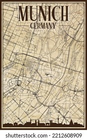 Brown vintage hand-drawn printout streets network map of the downtown MUNICH, GERMANY with brown 3D city skyline and lettering