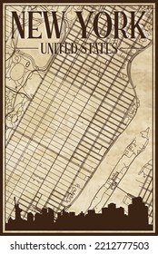 Brown vintage hand-drawn printout streets network map of the downtown NEW YORK CITY, UNITED STATES OF AMERICA with brown 3D city skyline and lettering