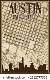 Brown vintage hand-drawn printout streets network map of the downtown AUSTIN, UNITED STATES OF AMERICA with brown 3D city skyline and lettering