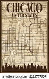 Brown vintage hand-drawn printout streets network map of the downtown CHICAGO, UNITED STATES OF AMERICA with brown 3D city skyline and lettering