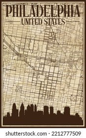 Brown vintage hand-drawn printout streets network map of the downtown PHILADELPHIA, UNITED STATES OF AMERICA with brown 3D city skyline and lettering