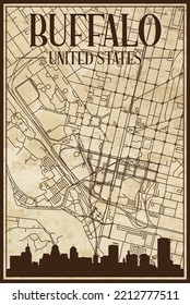 Brown vintage hand-drawn printout streets network map of the downtown BUFFALO, UNITED STATES OF AMERICA with brown 3D city skyline and lettering