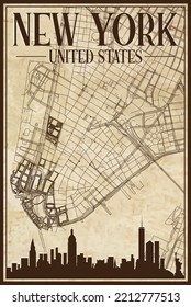 Brown vintage hand-drawn printout streets network map of the downtown NEW YORK CITY, UNITED STATES OF AMERICA with brown 3D city skyline and lettering