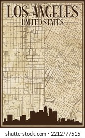 Brown Vintage Hand-drawn Printout Streets Network Map Of The Downtown LOS ANGELES, UNITED STATES OF AMERICA With Brown 3D City Skyline And Lettering