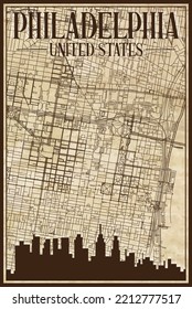 Brauner Vintage handgezeichnet druckte Straßen Netzwerk Karte der Innenstadt PHILADELPHIA, VEREINIGTE STAATEN VON AMERIKA mit brauner 3D-City-Skyline und Schrift