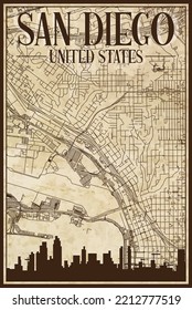 Brown vintage hand-drawn printout streets network map of the downtown SAN DIEGO, UNITED STATES OF AMERICA with brown 3D city skyline and lettering