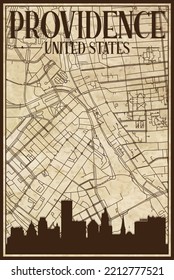 Brown vintage hand-drawn printout streets network map of the downtown PROVIDENCE, UNITED STATES OF AMERICA with brown 3D city skyline and lettering