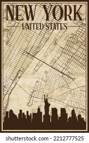 Brown vintage hand-drawn printout streets network map of the downtown NEW YORK CITY, UNITED STATES OF AMERICA with brown 3D city skyline and lettering