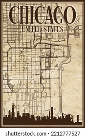 Brown vintage hand-drawn printout streets network map of the downtown CHICAGO, UNITED STATES OF AMERICA with brown 3D city skyline and lettering