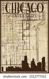 Brown vintage hand-drawn printout streets network map of the downtown CHICAGO, UNITED STATES OF AMERICA with brown 3D city skyline and lettering