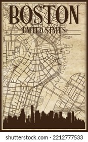 Brown vintage hand-drawn printout streets network map of the downtown BOSTON, UNITED STATES OF AMERICA with brown 3D city skyline and lettering