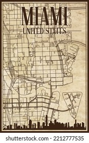 Brown vintage hand-drawn printout streets network map of the downtown MIAMI, UNITED STATES OF AMERICA with brown 3D city skyline and lettering