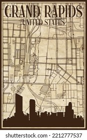 Brown vintage hand-drawn printout streets network map of the downtown GRAND RAPIDS, UNITED STATES OF AMERICA with brown 3D city skyline and lettering