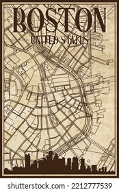 Brown vintage hand-drawn printout streets network map of the downtown BOSTON, UNITED STATES OF AMERICA with brown 3D city skyline and lettering svg