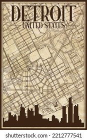 Brown vintage hand-drawn printout streets network map of the downtown DETROIT, UNITED STATES OF AMERICA with brown 3D city skyline and lettering