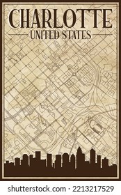 Brown vintage hand-drawn printout streets network map of the downtown CHARLOTTE, UNITED STATES OF AMERICA with brown 3D city skyline and lettering