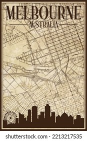 Brown vintage hand-drawn printout streets network map of the downtown MELBOURNE, AUSTRALIA with brown 3D city skyline and lettering