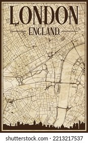 Brown vintage hand-drawn printout streets network map of the downtown LONDON, ENGLAND with brown 3D city skyline and lettering