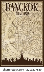 Brown vintage hand-drawn printout streets network map of the downtown BANGKOK, THAILAND with brown 3D city skyline and lettering